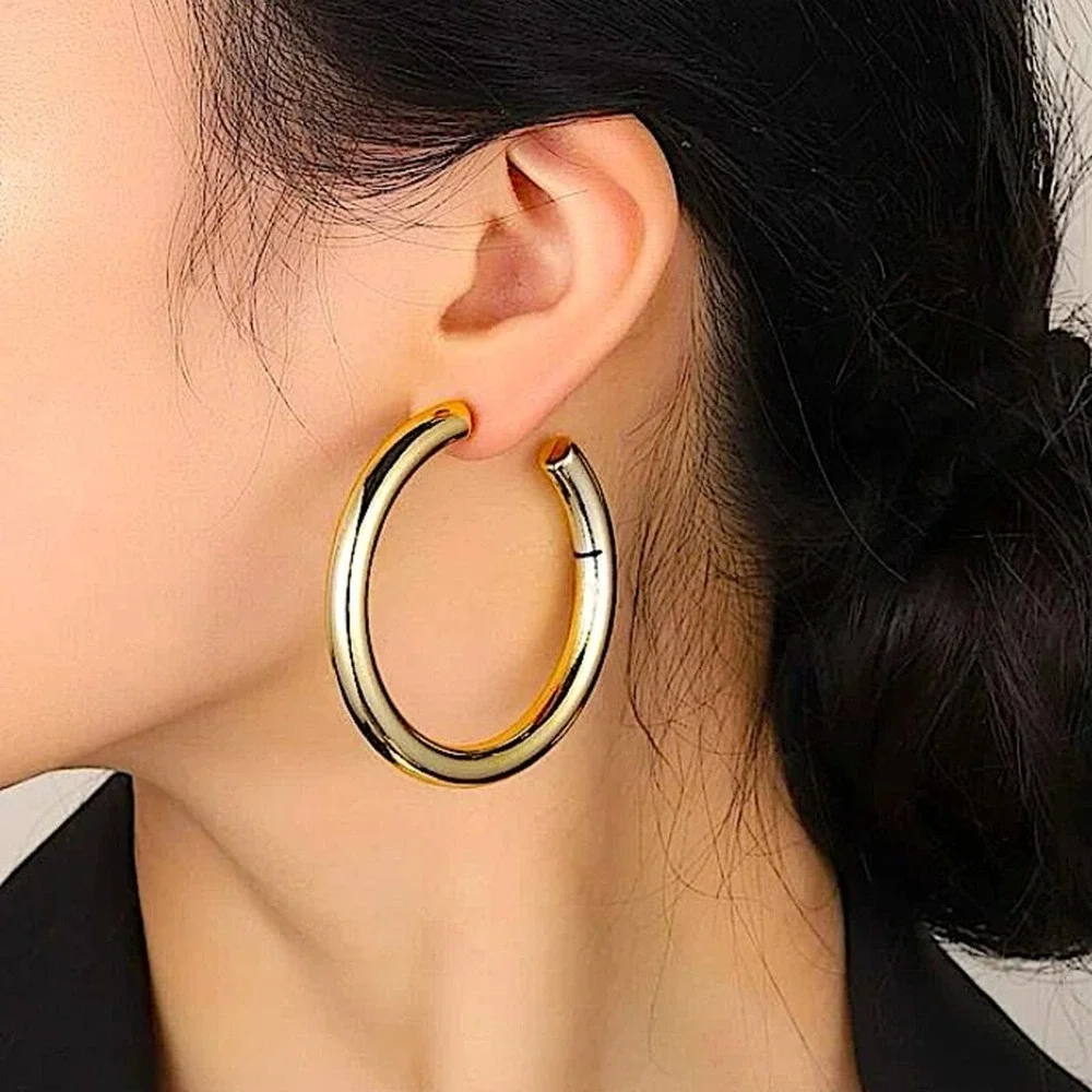 NEW GOLD PLATED SOLID HOOP EARRINGS 2.12”